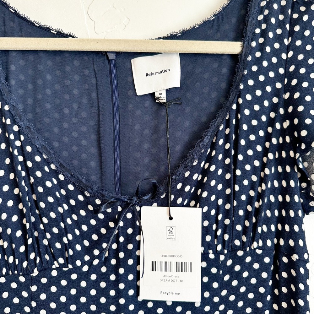 Reformation | NWT Afton Polka Dot Lace Trim Midi Dress in Blue Dream Dot size 10 - Picture 8 of 10